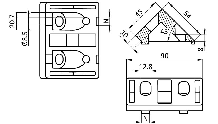 Angle Connector 90 x 45, 45°