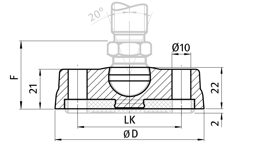 Base PA BDH pour pieds à rotule, rotule 22