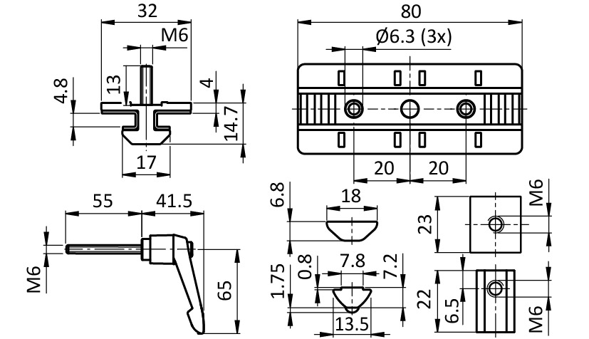 Profile Slider ZN 40 x 80 Fixed Bearing with Locking Lever (Set)