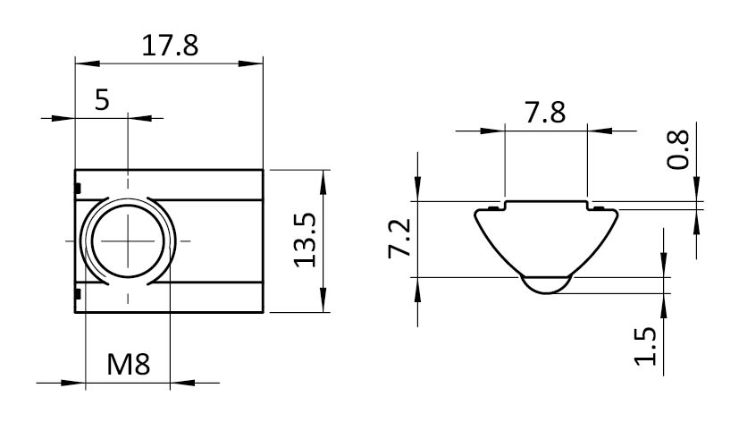 Roll-in T-slot Nut 13.5 x 7.2 mm short 17.8 mm with Spring Loaded Ball