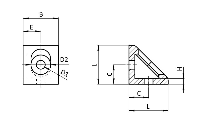 Gusseted Connection Angle AL 2 Hole, 1 Slot Version  – technical drawing