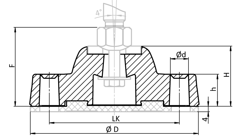 Base PA BDH for Heavy-duty Pivot Feet – technical drawing