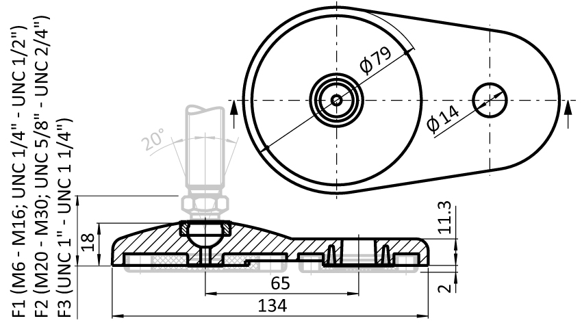 Extended Base 80 ZN for Swivel Feet, Ball Joint 15 – technical drawing
