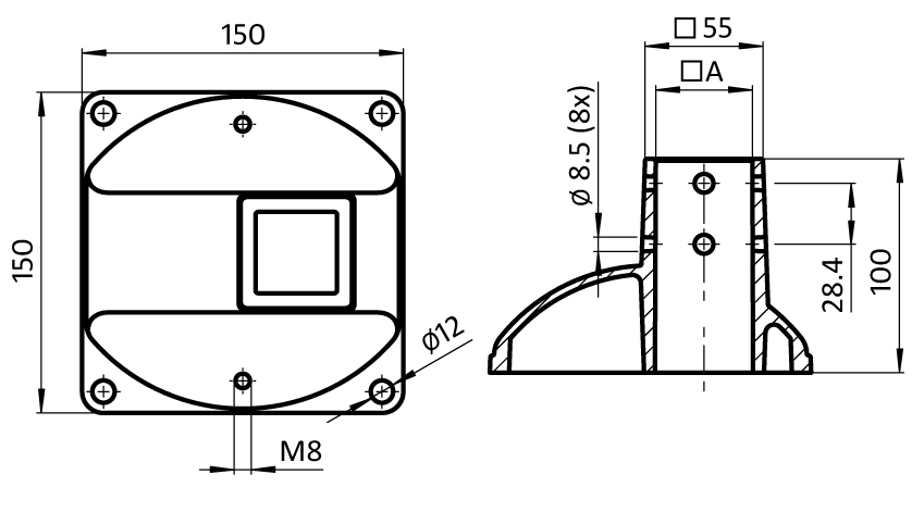 Base de montaje al piso – plano técnico