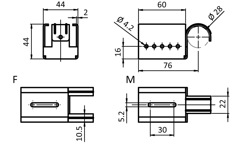 Variabler Halter AL D28 – technische Zeichnung