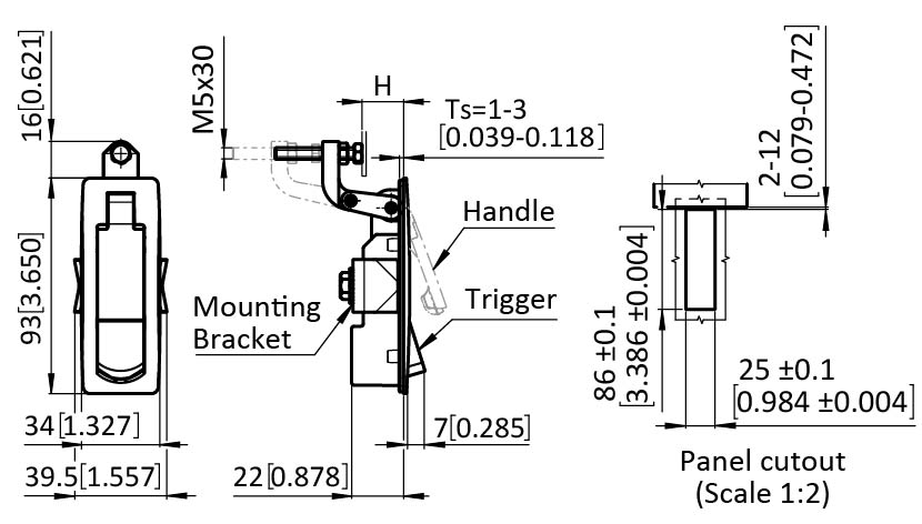 Compression Trigger Latch 86 x 25, Black – technical drawing
