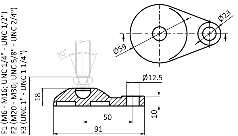 Base extendida 60 PA para patas giratorias, rótula 15 – plano técnico