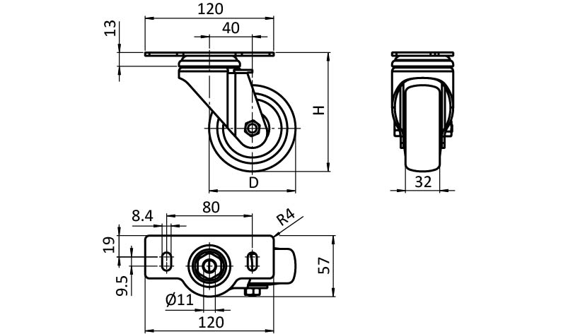 Swivel Caster Ø 80 / 100 / 125 with Mounting Plate 40 / 45
