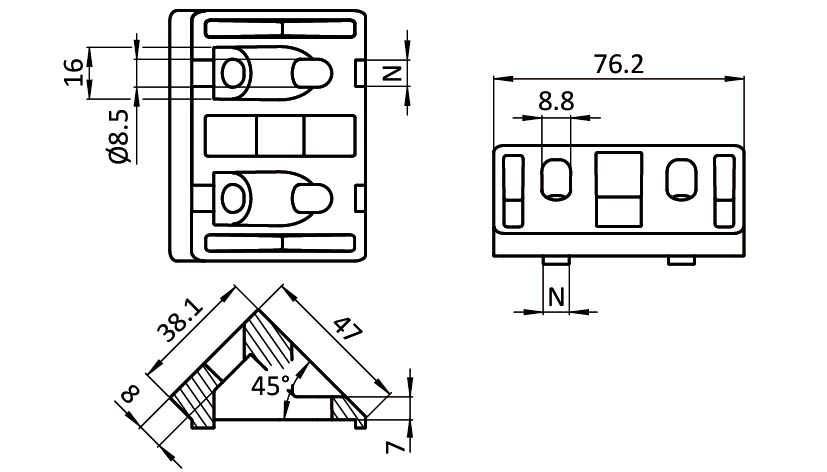 Angle Connector 76 x 38 - 3" x 1.5", 45°
