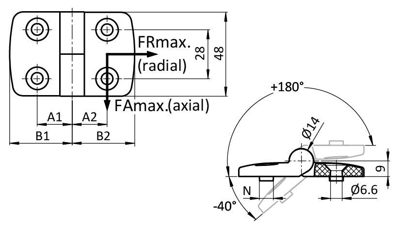 Plastic Combi Hinge 35, Detachable, Black – technical drawing