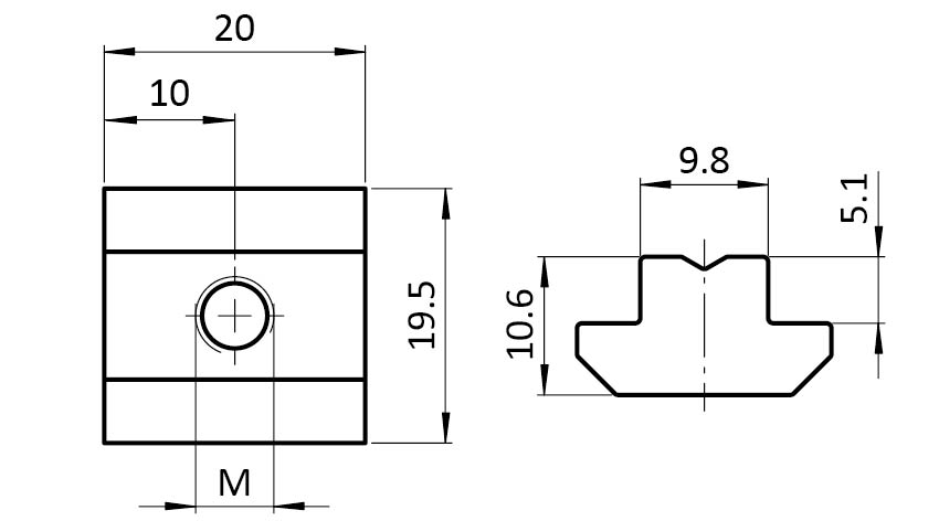 Ecrou de rainure en T 19,5 x 10,6 mm, h.5,1 mm