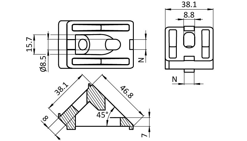 Angle Connector 38 - 1.5", 45°