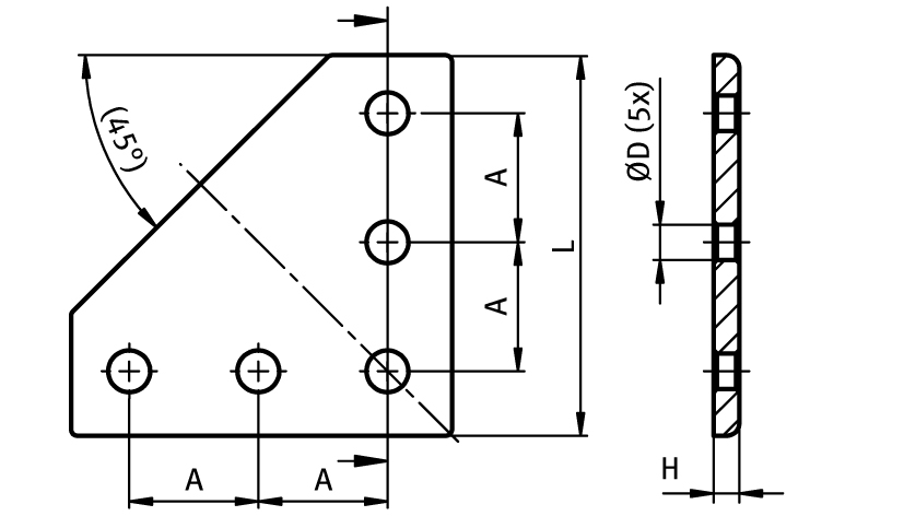 Connection Plate AL L 5 Hole, 1 Slot Version – plano técnico