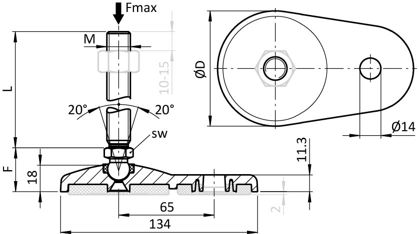 Extended Pivot Foot, ZN / ST - Ball Joint 15 – technical drawing