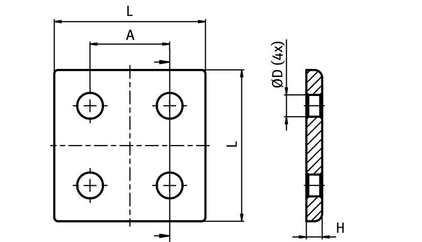 Connection Plate AL Quadrangular 4 Hole, 1 Slot Version