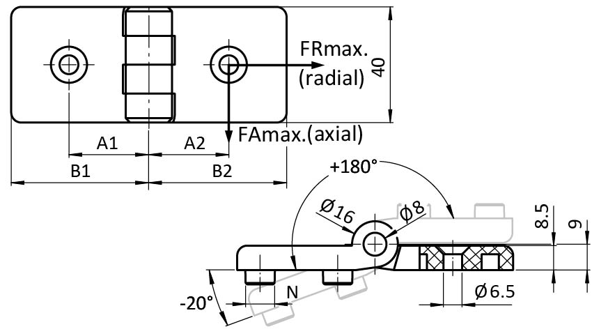 Heavy-duty Plastic Hinge 40, Black – technical drawing