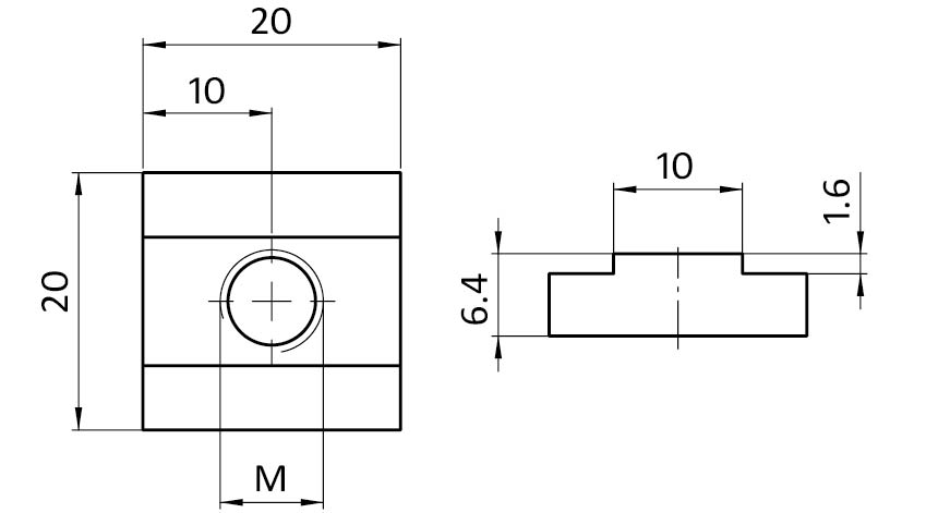 Ecrou de rainure en T 20,0 x 6,4 mm