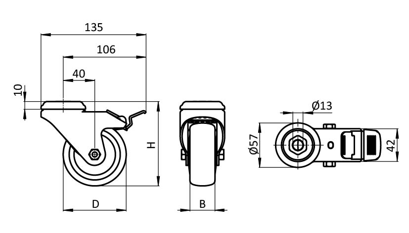 Roulette pivotante Ø 80 / 100 / 125 verrouillable