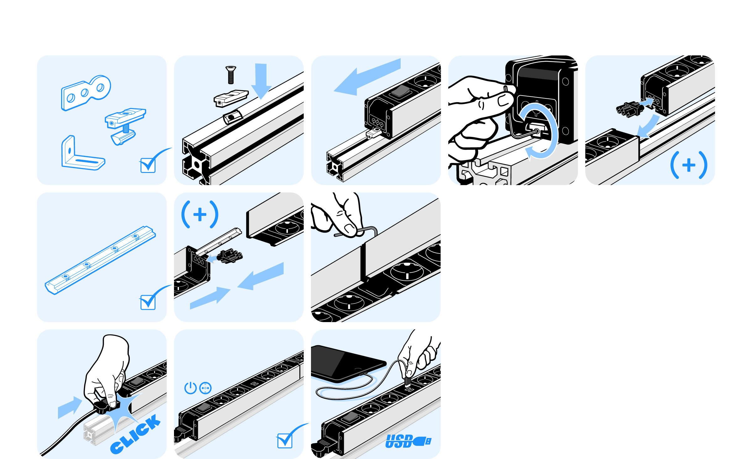 Power Strip Module F Line 370 4x + USB, with Switch – assembly graphic