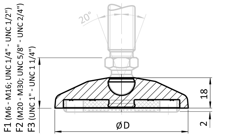 Base PA pour pieds à rotule, rotule 15, gris