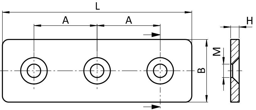 Connection Plate ST Rectangular 3 Hole, 1 Slot Version