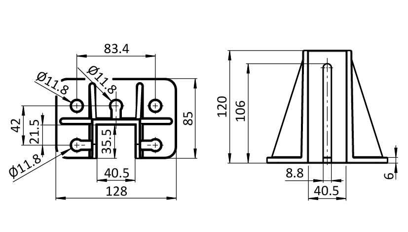 Base de montaje para perfil 40 - 85 x 128 – plano técnico