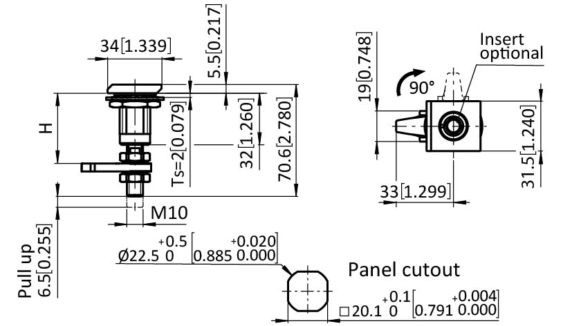 Square Face Compression Latch 22.5 / 32, Long Shaft, incl. Cam Straight (Set)