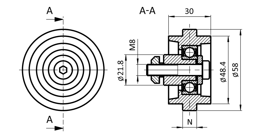 Rolle Ø 58 für Nutprofile (Set) – technische Zeichnung