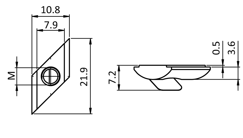 Rhombus T-slot Nut 10.8 x 3.6 mm with Spring Leaf – technical drawing