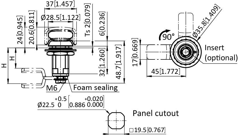 Large Compression Latch 22.5 / 32, ZN Black – technical drawing