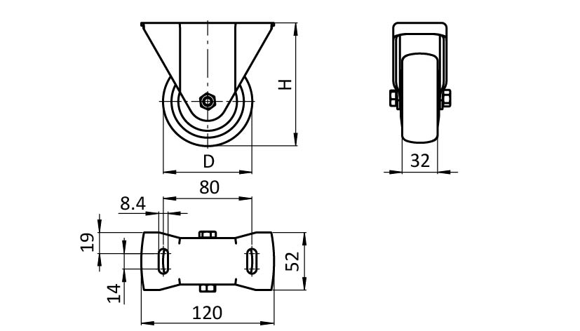 Fixed Caster Ø 80 / 100 / 125 with Mounting Plate 40 / 45