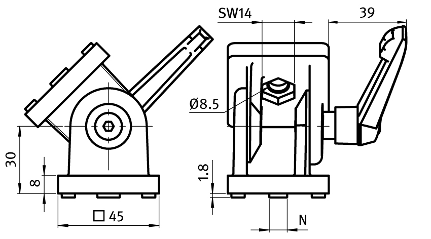 Pivot Joint ZN 45 with Locking Lever – plan technique