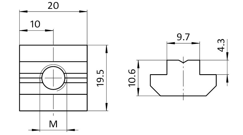 Ecrou de rainure en T 19,5 x 10,6 mm, h.4,3 mm