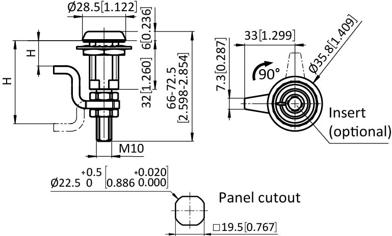 Large Compression Latch 22.5 / 32, Long Shaft, incl. Cam Offset (Set) – technical drawing