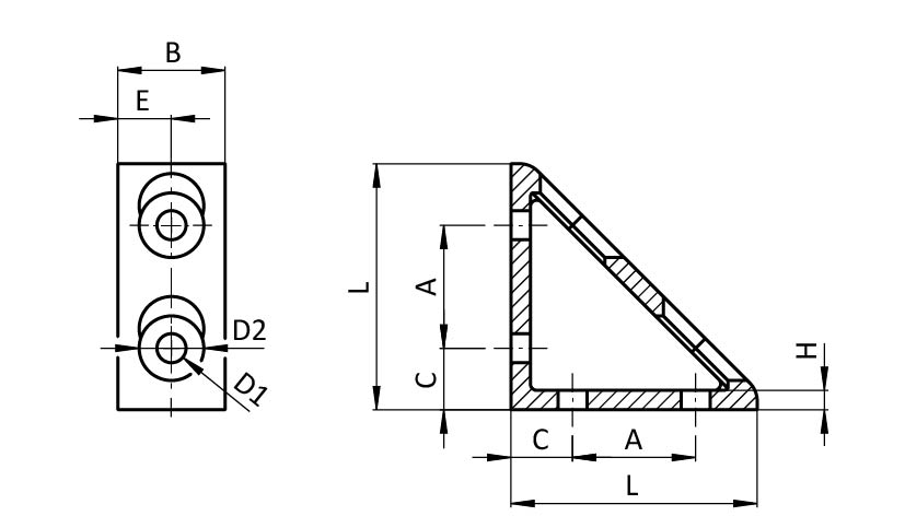 Equerres d'assemblage à contrefort AL 4 orifice, simple – plan technique