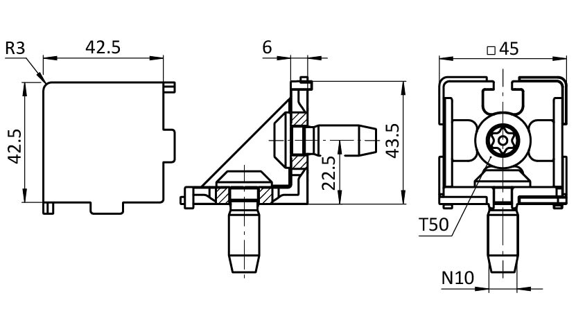 Corner Connector 45, 2D with Cable Passage (Set) – technical drawing