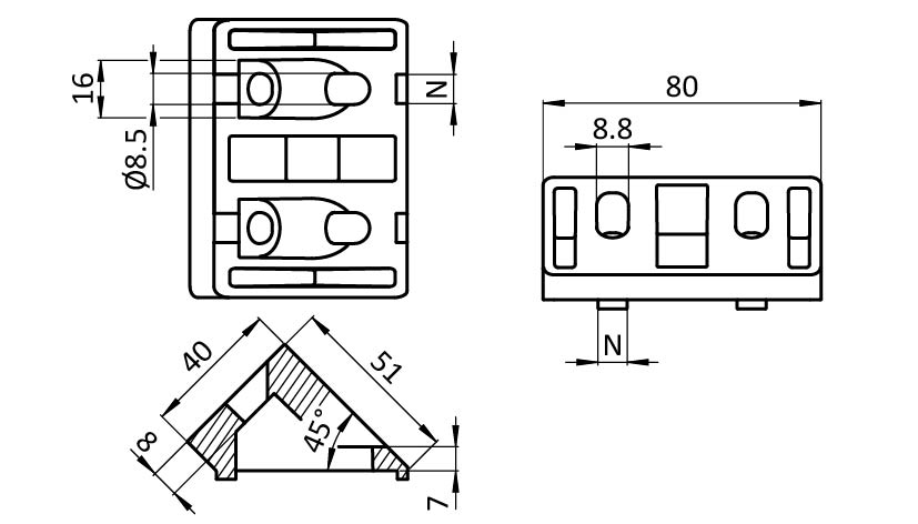Angle Connector 80 x 40, 45° – technical drawing