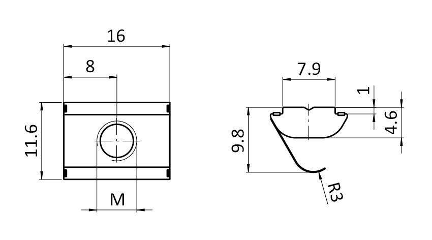 Ecrou basculant 11,6 x 4,6 mm avec languette ressort