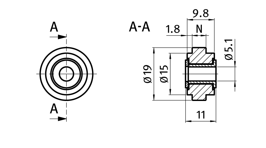 Rolle Ø 19 für Nutprofile – technische Zeichnung