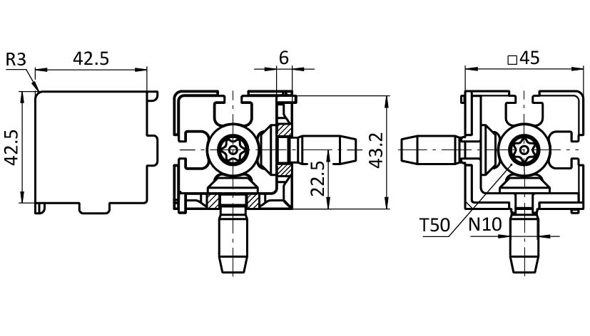 Corner Connector 45, 3D with Cable Passage (Set) – technical drawing