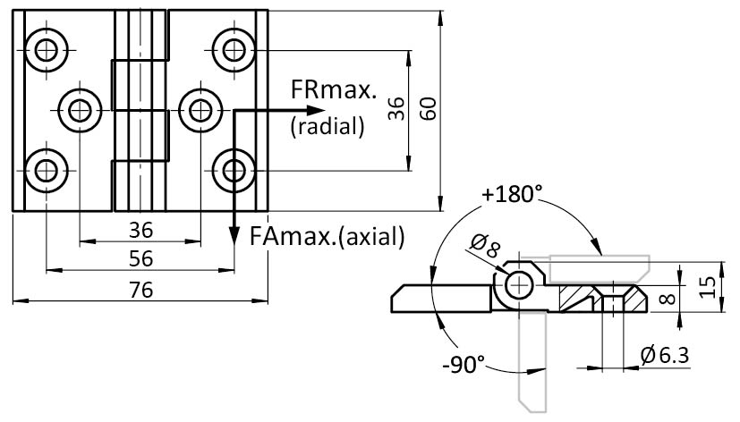 Metallscharnier 60 x 76 – technische Zeichnung