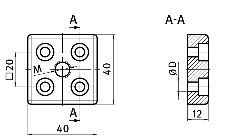 Placa de transporte y base ZN 40 x 40, sin recubrimiento – plano técnico