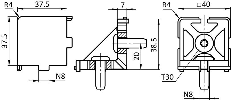Corner Connector 40, 2D with Cable Passage (Set)