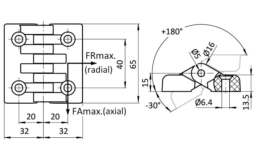 Heavy-duty Plastic Hinge 65 x 64 – technical drawing