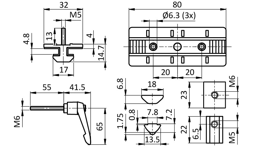 Profile Slider ZN 40 x 80 Loose Bearing with Locking Lever (Set)