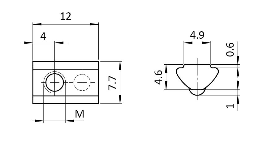 Ecrou basculant 7,7 x 4,6 mm avec bille sur ressort