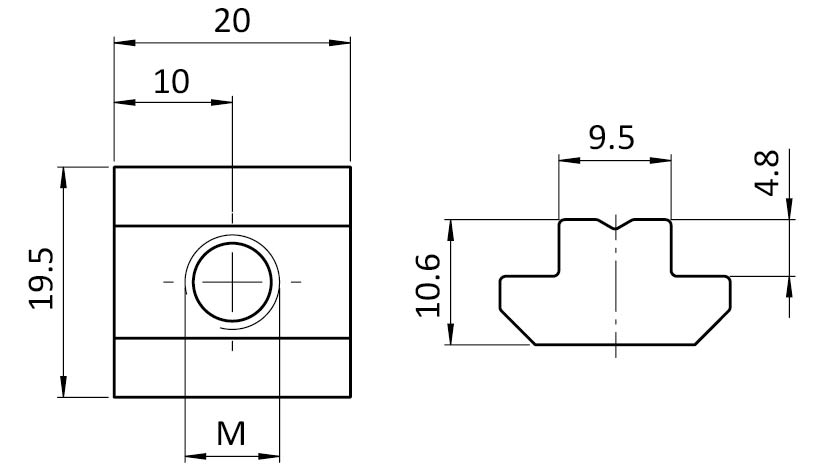 Ecrou de rainure en T 19,5 x 10,6 mm, h.4,8 mm