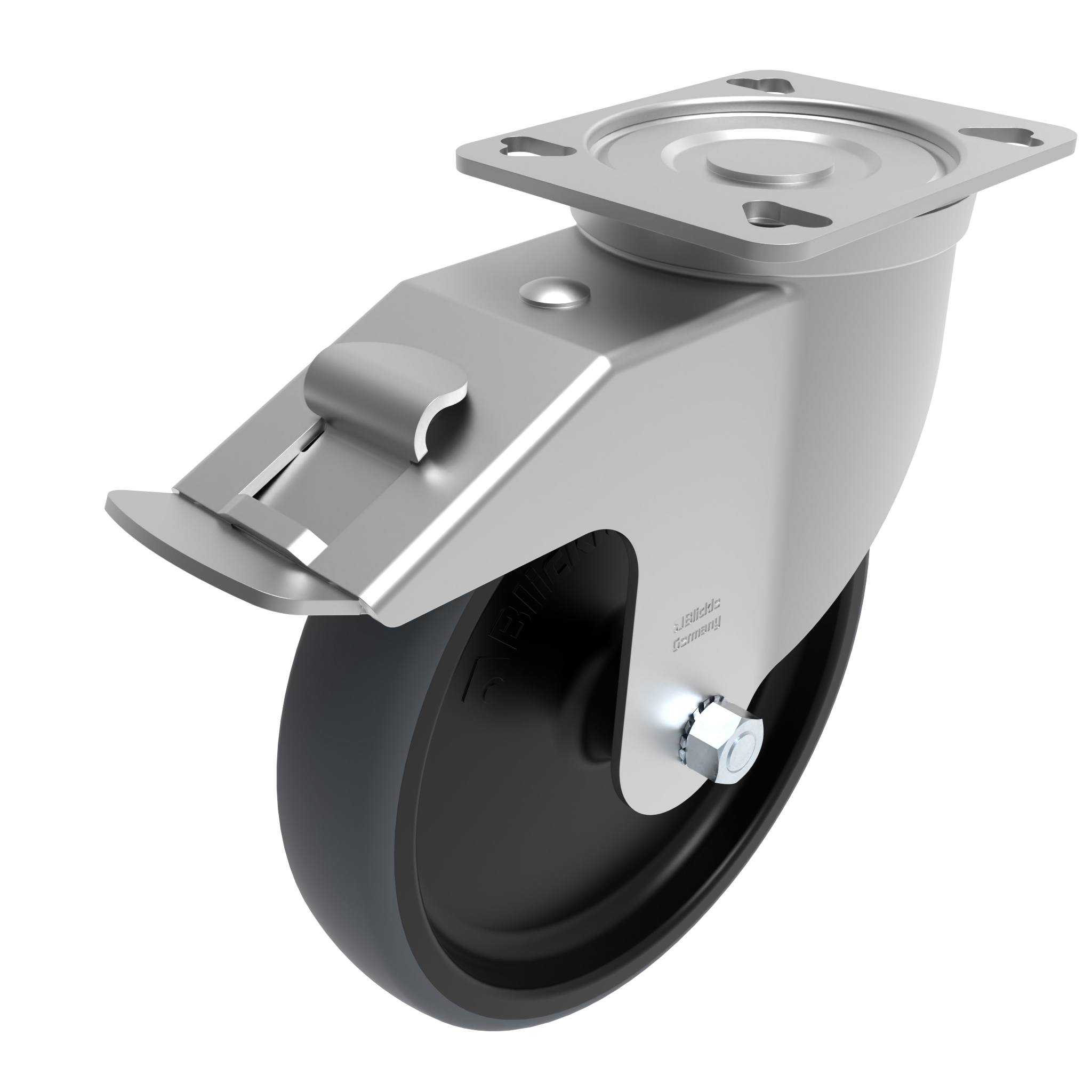Rueda giratoria de uso rudo Ø 200 con freno de sistema y placa de montaje 40 / 45 098S200UHD129105 – imagen del producto