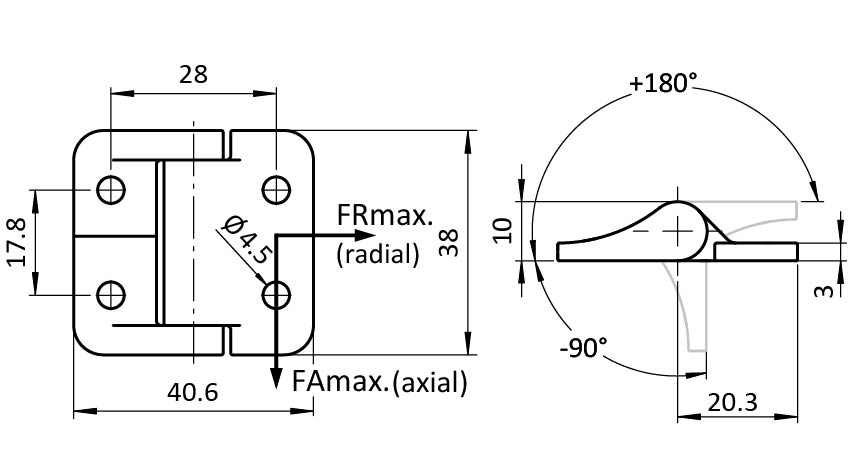Metallscharnier 40 x 38 mit konstanter Friktion – technische Zeichnung