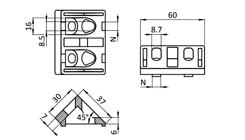 Angle Connector 60 x 30, 45°